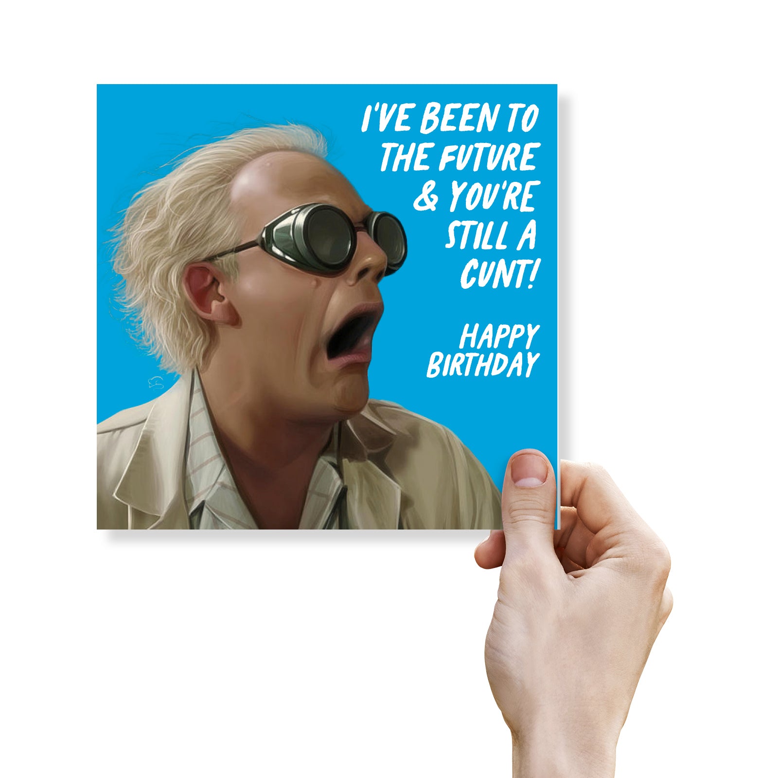 Person holding a birthday card with text and a blue background