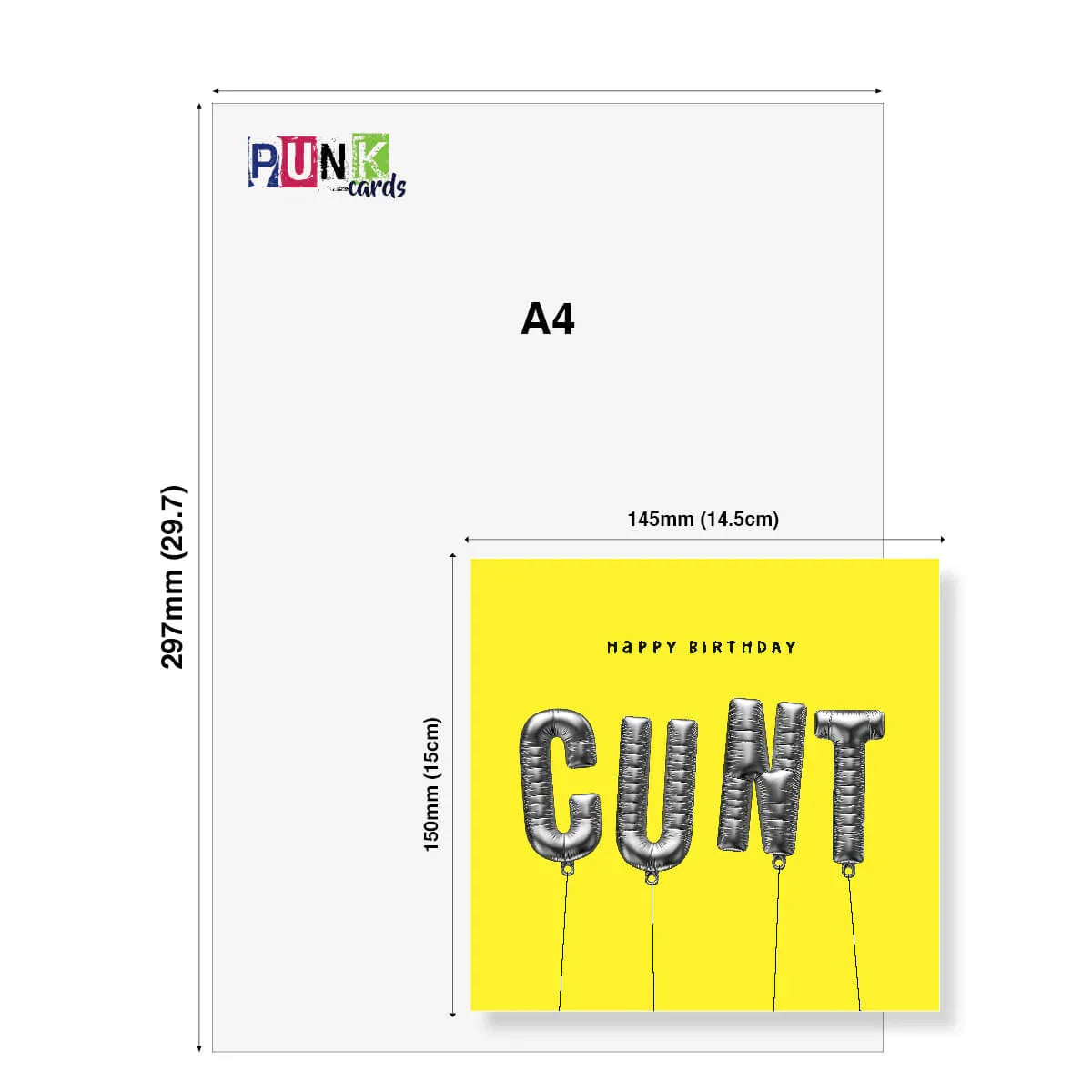 Greeting card with 'Happy Birthday CUNT' text on a yellow background, displayed with dimensions.