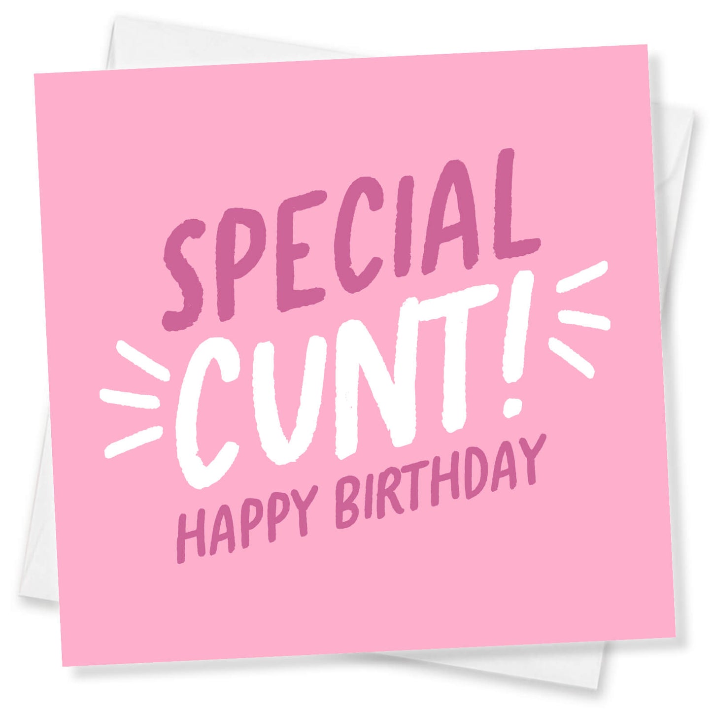 Pink birthday card with offensive language on a white background