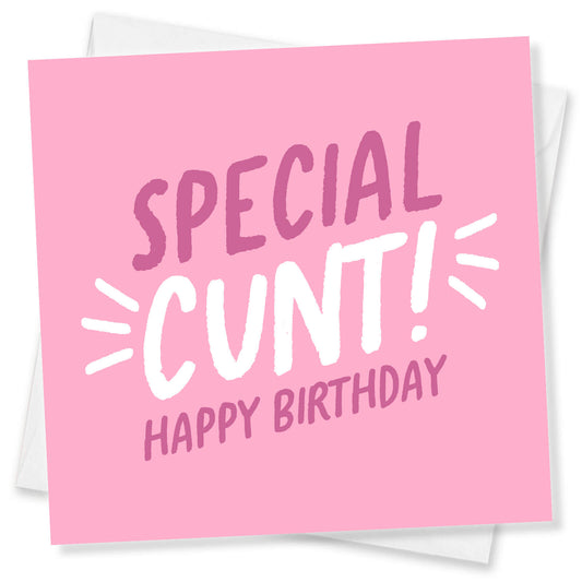 Pink birthday card with offensive language on a white background