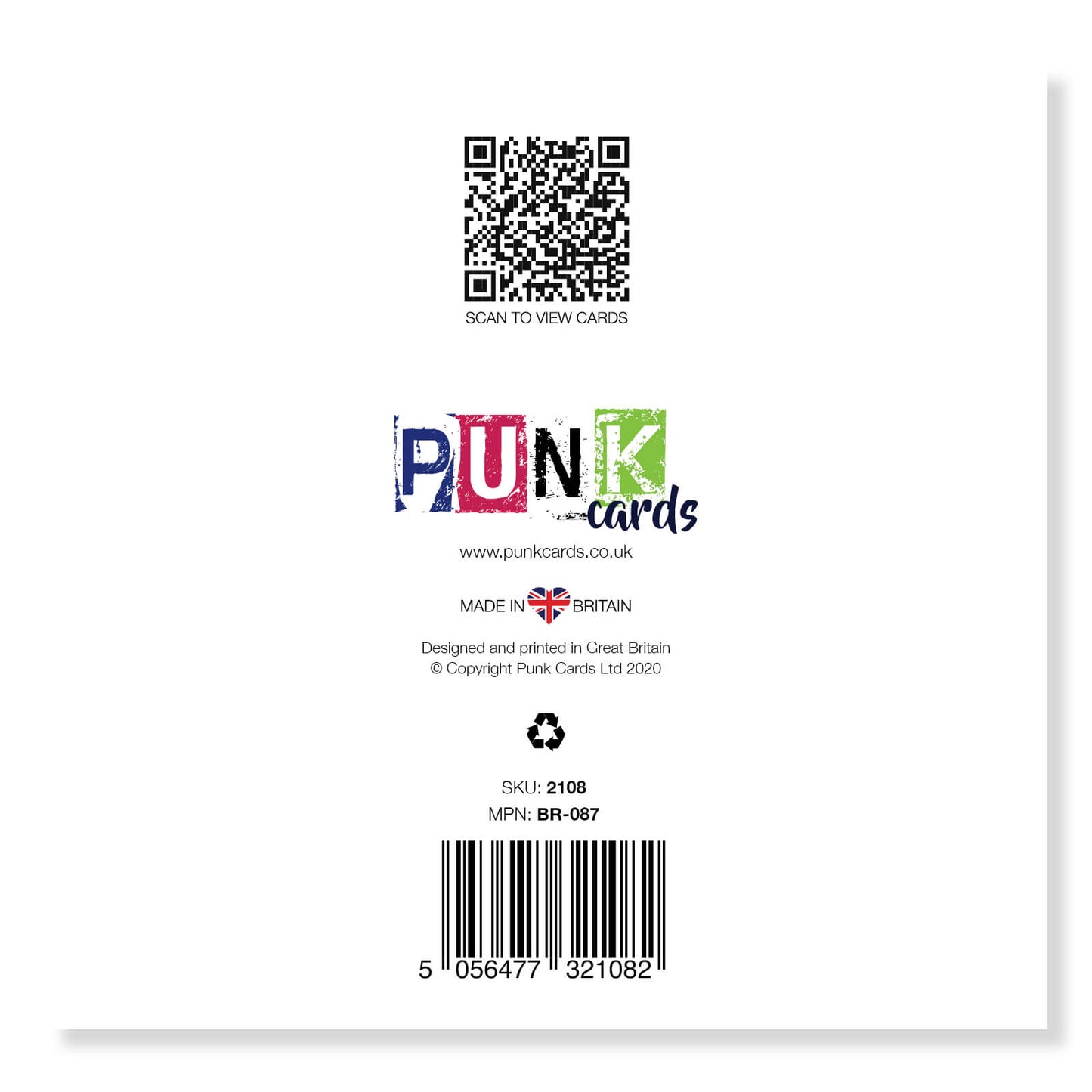 Back of a card with Punk Cards branding, QR code, and barcode on a white background