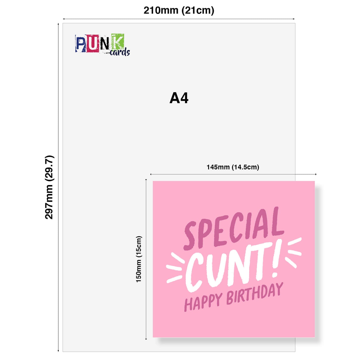 Pink card with 'Special Cunt! Happy Birthday' text, displayed with dimensions on a white background.