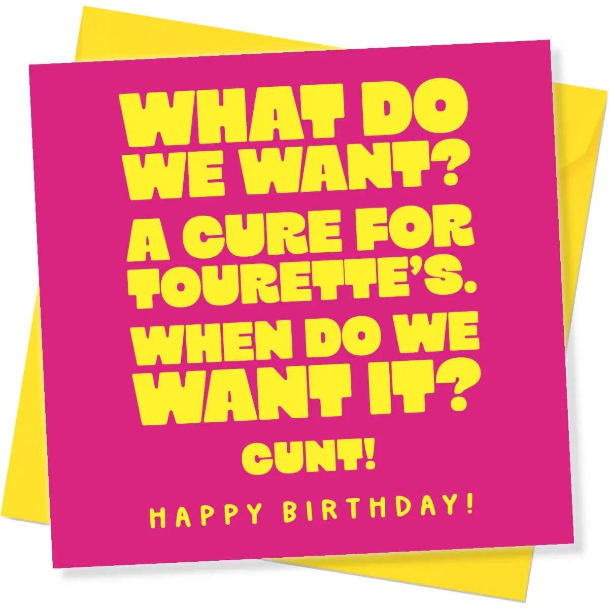 Pink card with yellow text on a white background