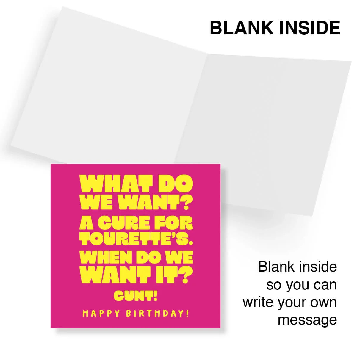 Greeting card with pink background and yellow text, featuring a message about Tourette's syndrome on a white background.