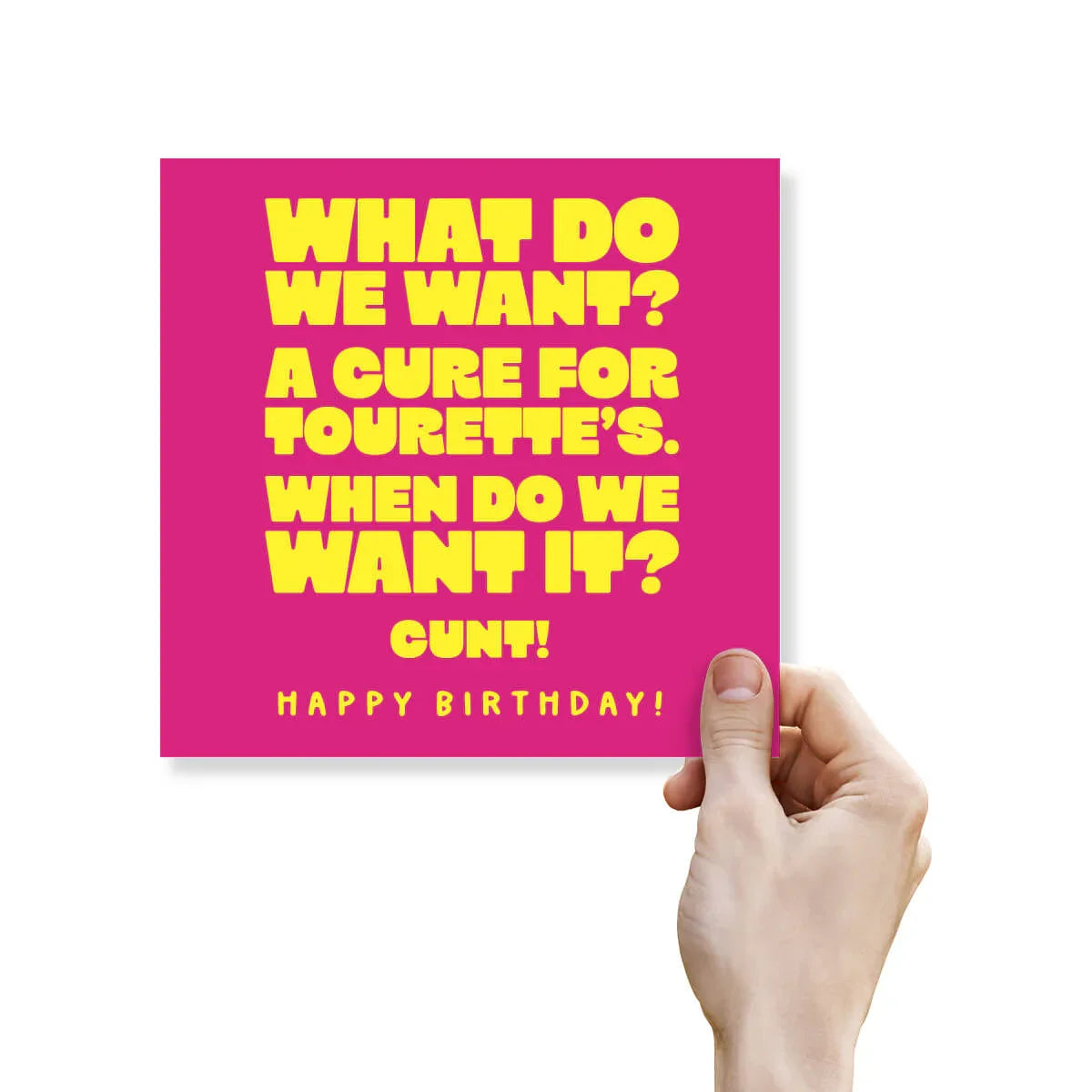 Card with yellow text on a pink background held by a hand