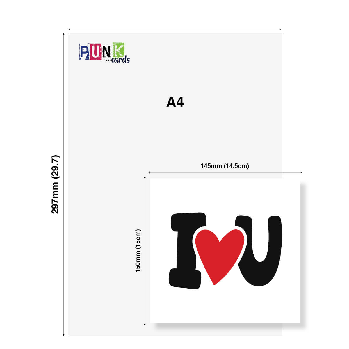 Greeting card with 'I ❤️ U' design and dimensions on a white background