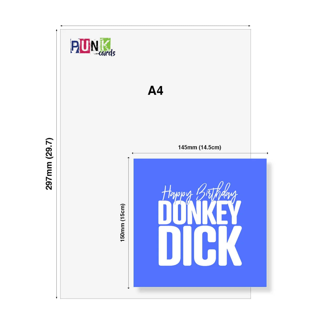 Greeting card with 'Happy Birthday Donkey Dick' text on a blue background, displayed with A4 paper dimensions.