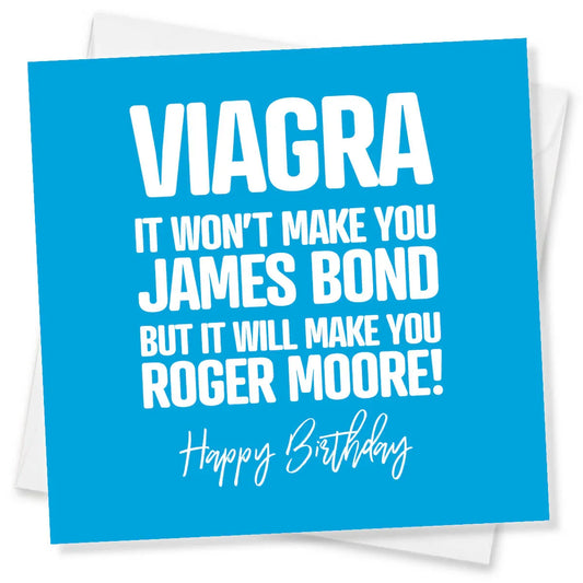 Blue birthday card with humorous text on a white background