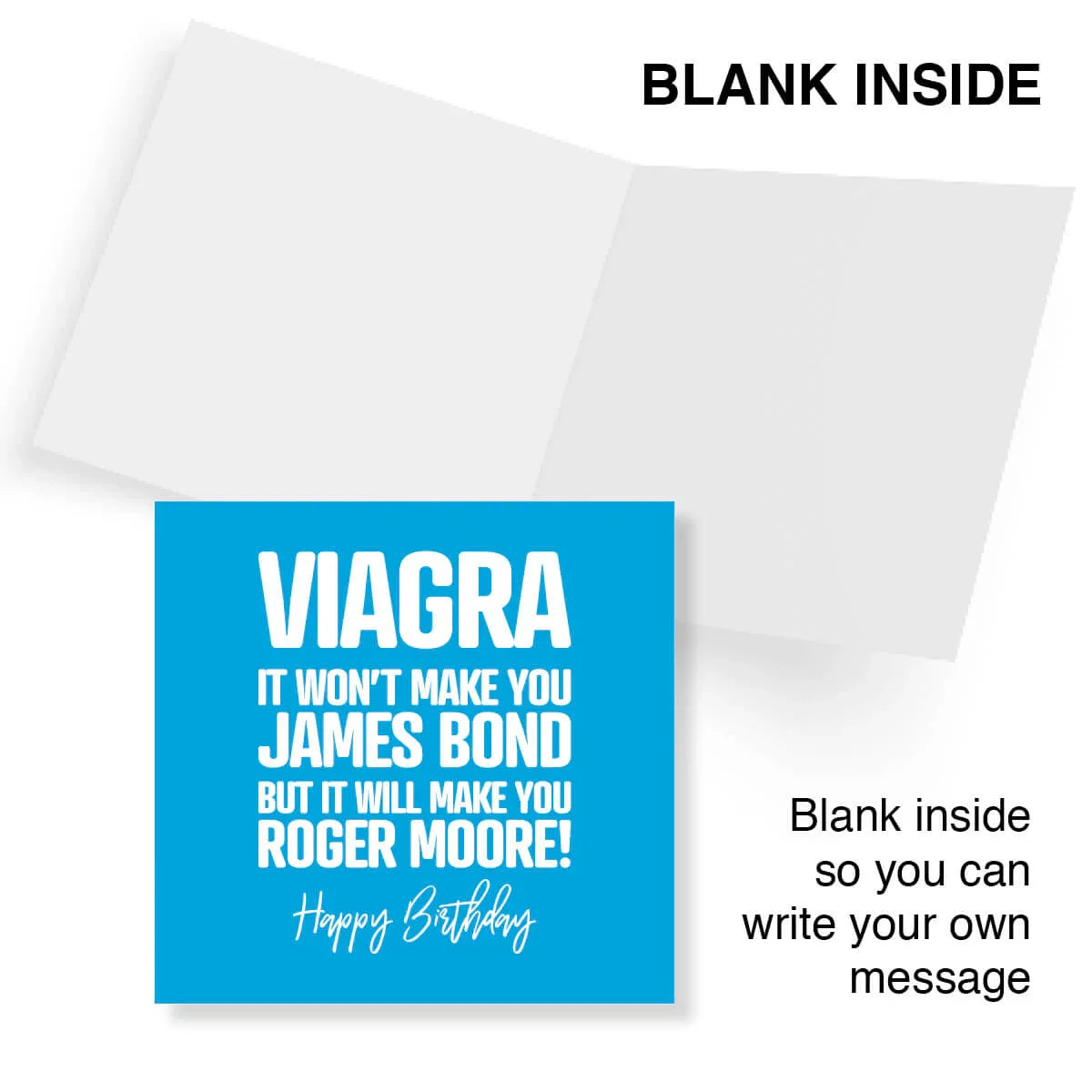 Greeting card with blue square and humorous text on a white background