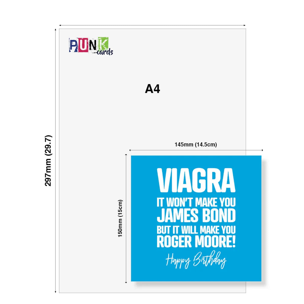 Greeting card with 'VIAGRA' text and humorous birthday message, displayed with A4 size dimensions.