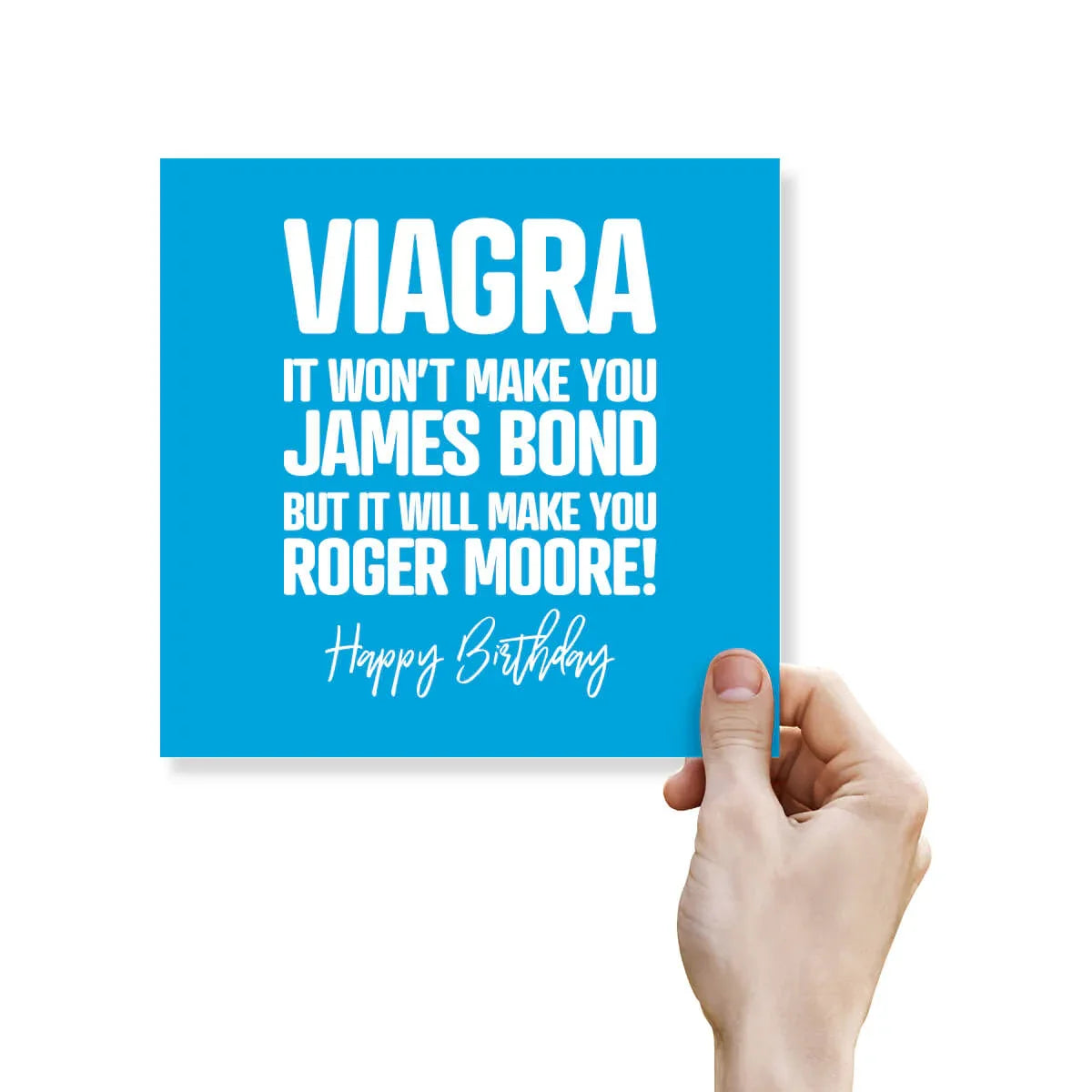 Hand holding a blue card with humorous text about Viagra on a white background
