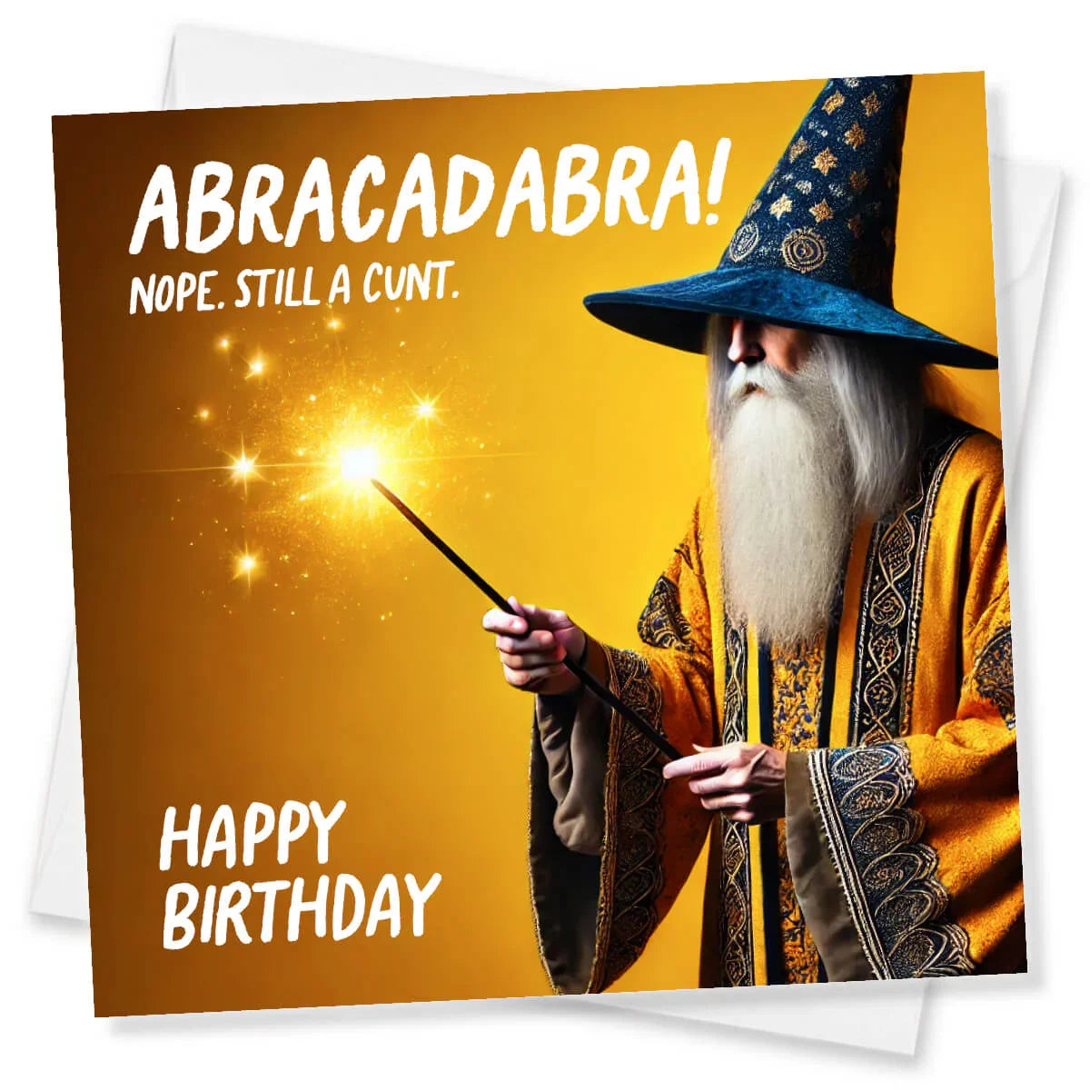 Birthday card with a wizard holding a wand and text on a yellow background