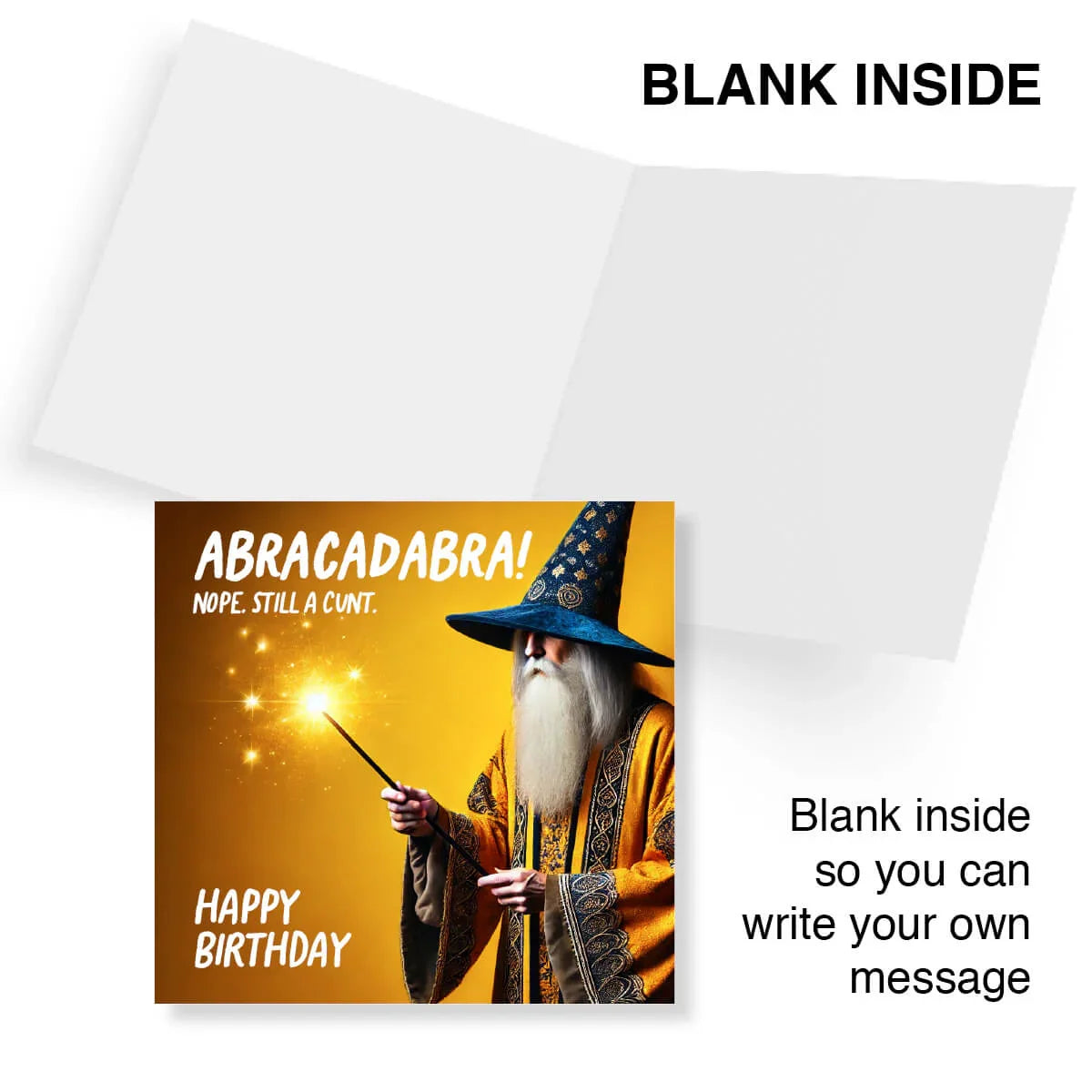 Greeting card with wizard design and humorous text on a white background