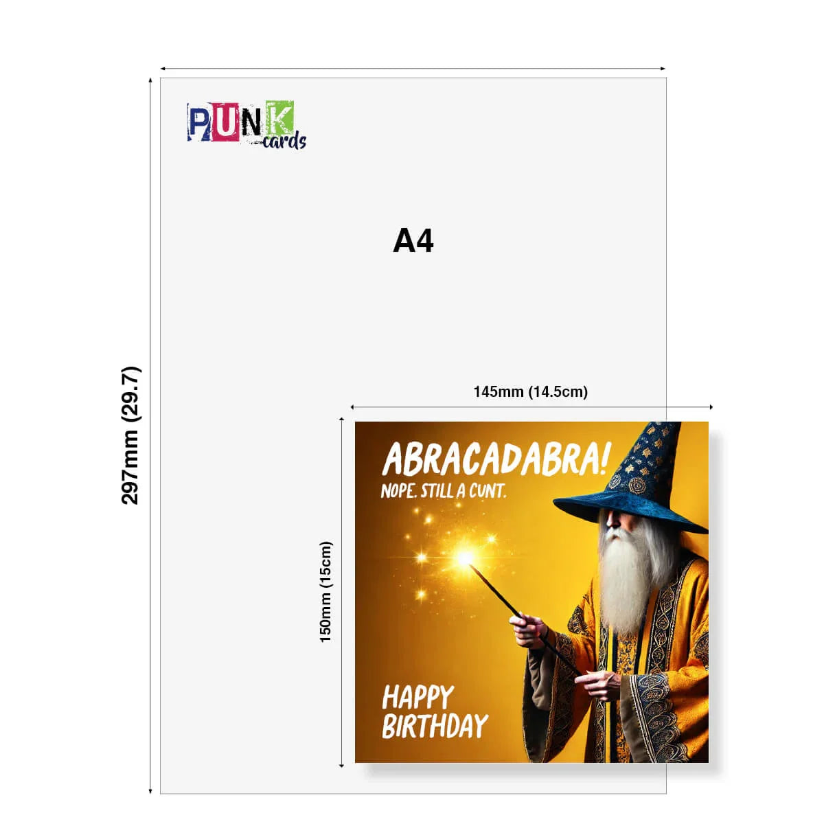 A4 size card with a wizard design and text, featuring the brand 'Punk Cards'.