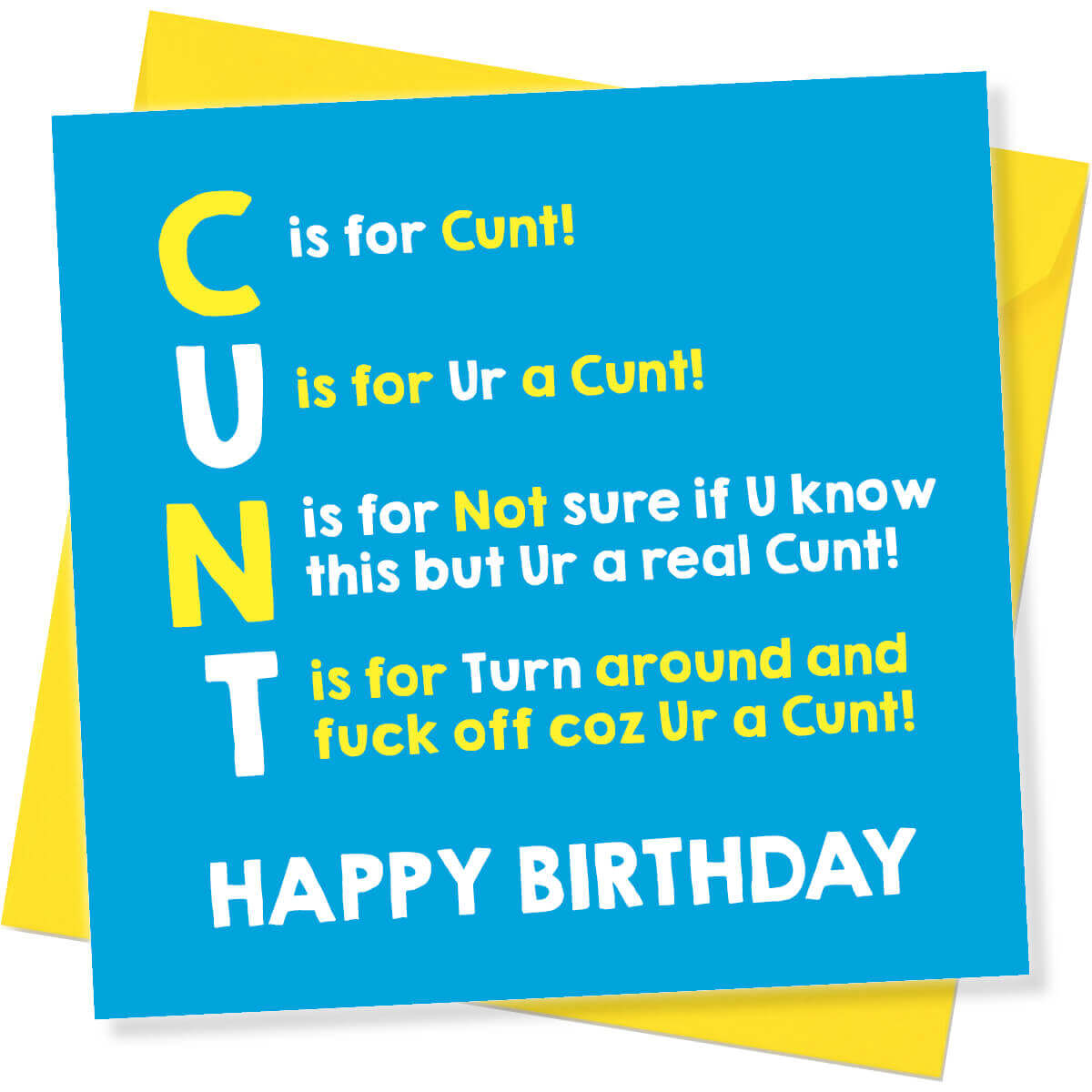 Blue birthday card with yellow text on a white background