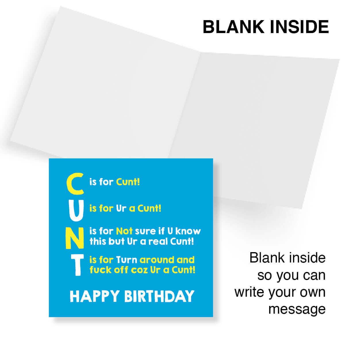 Birthday card with colorful text on a blue background, featuring profanity.