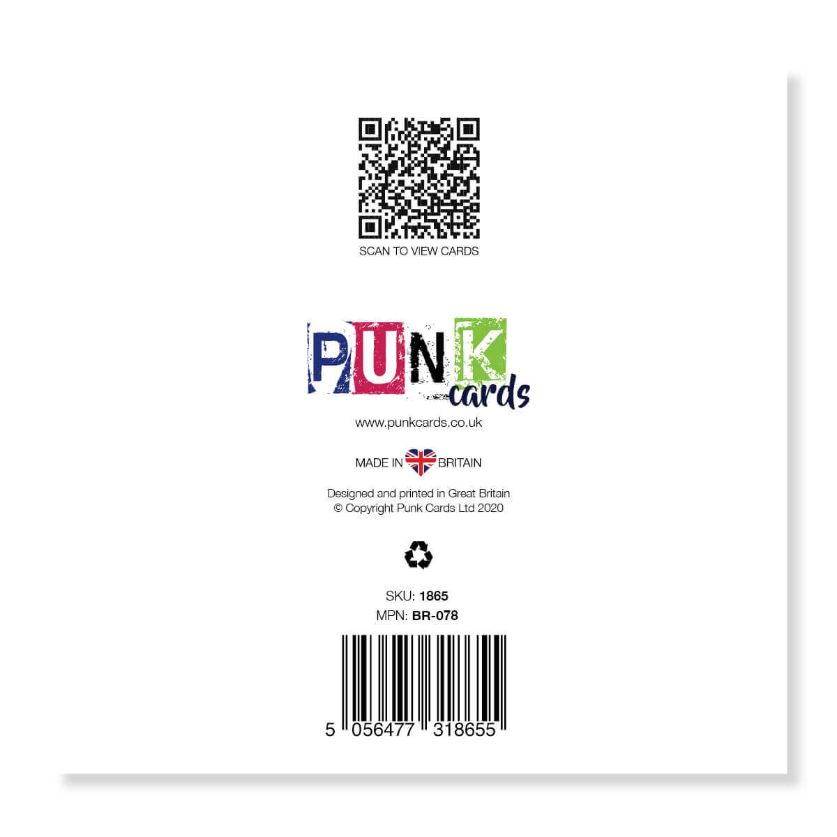 Back of a card with Punk Cards branding, QR code, and barcode on a white background