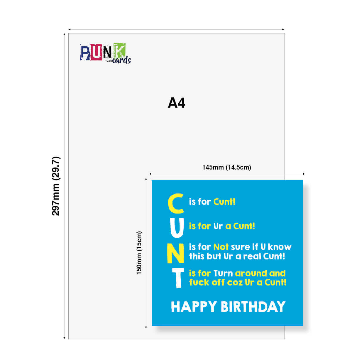 Greeting card with offensive language on a white background, featuring the brand 'Punk Cards'.
