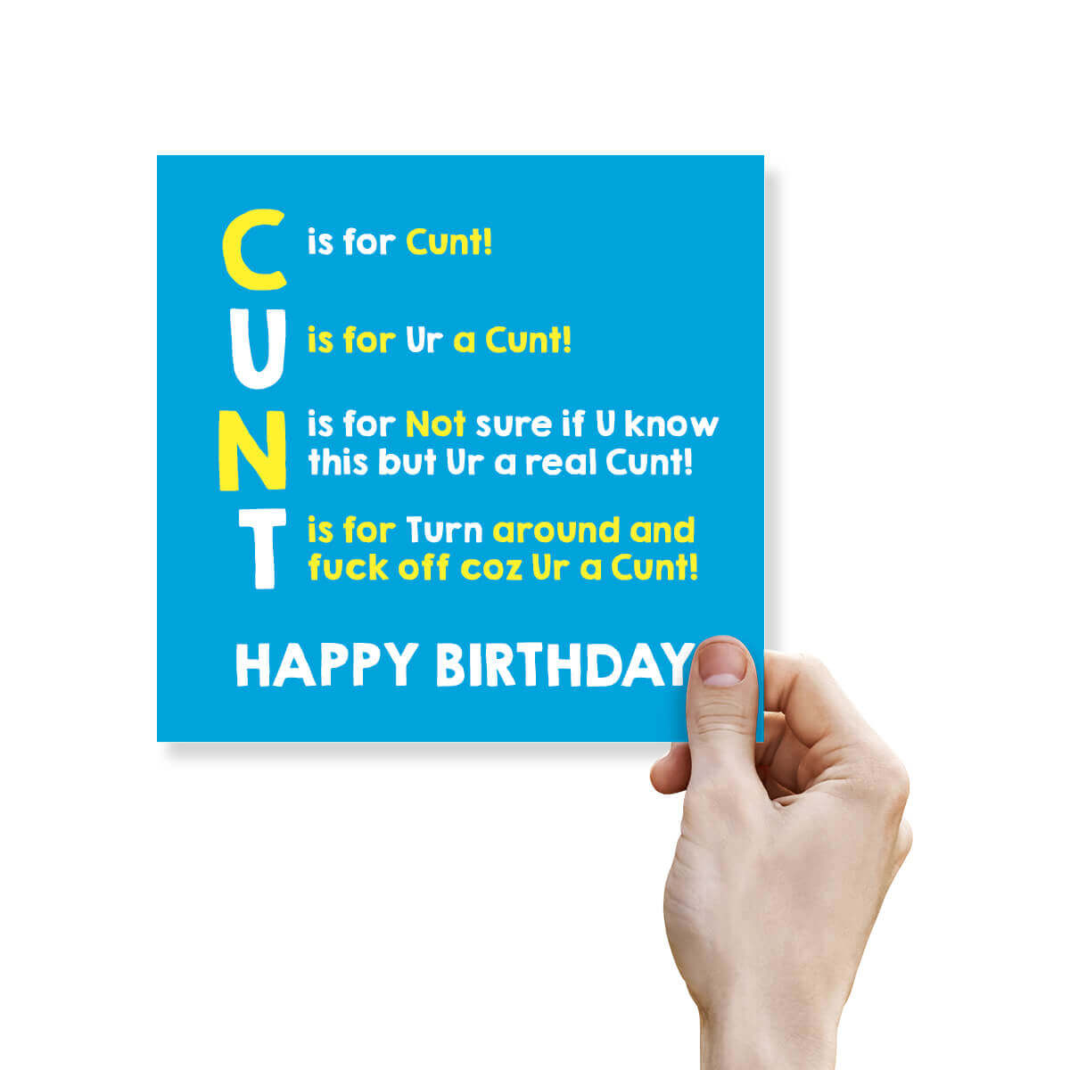Blue birthday card with yellow and white text held by a hand on a white background
