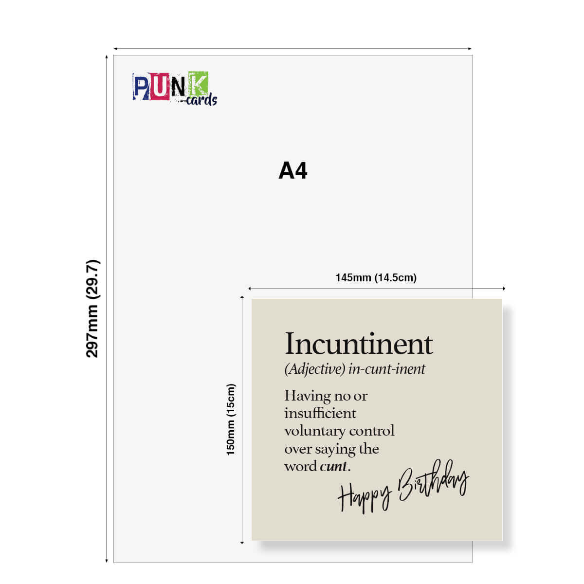 Greeting card with humorous definition text and dimensions on a white background