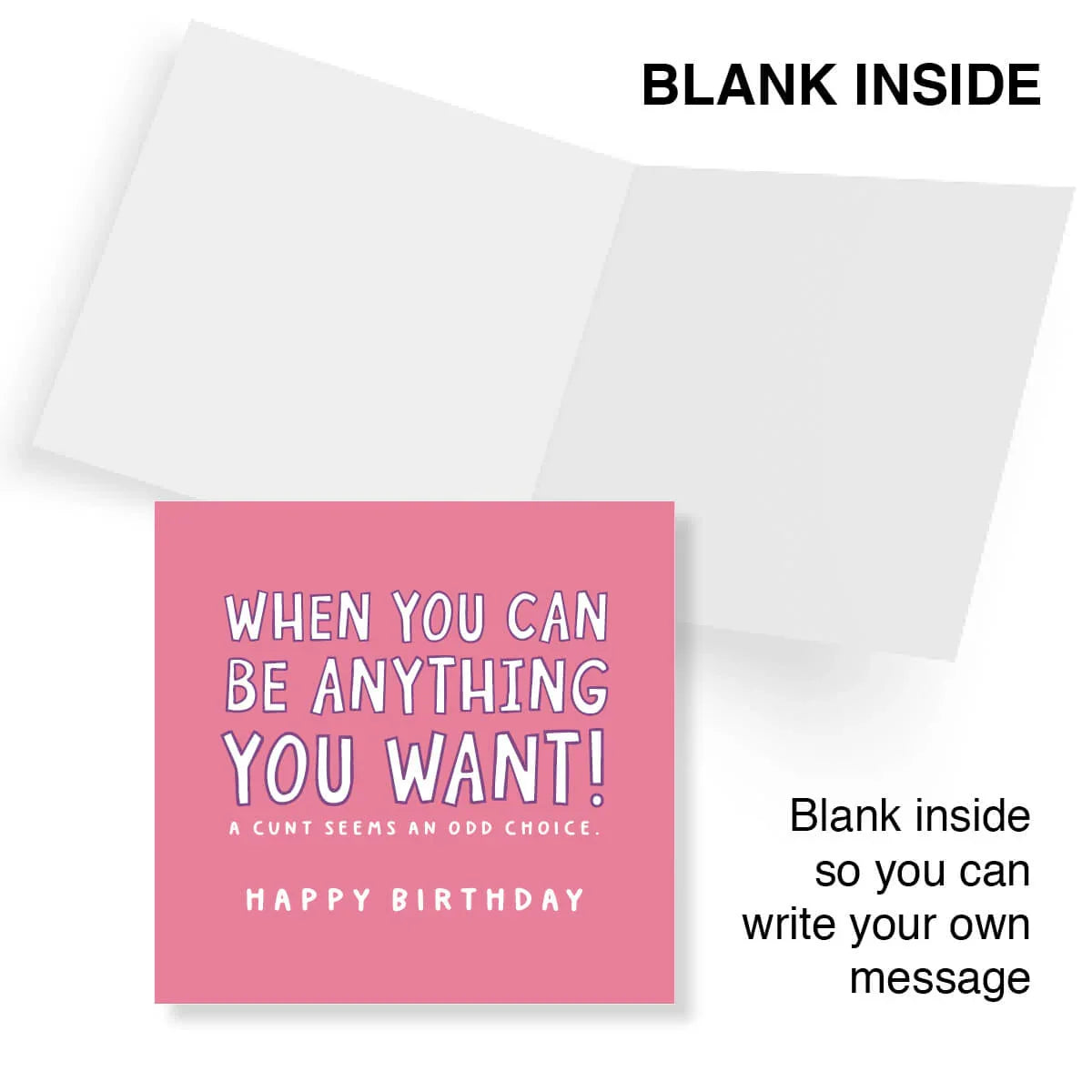 Pink birthday card with humorous text on a white background