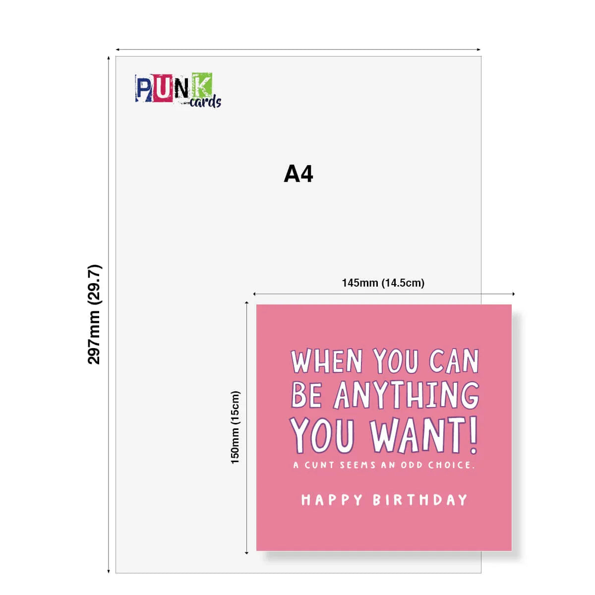 Pink birthday card with humorous text on a white background, featuring the brand 'Punk Cards'.