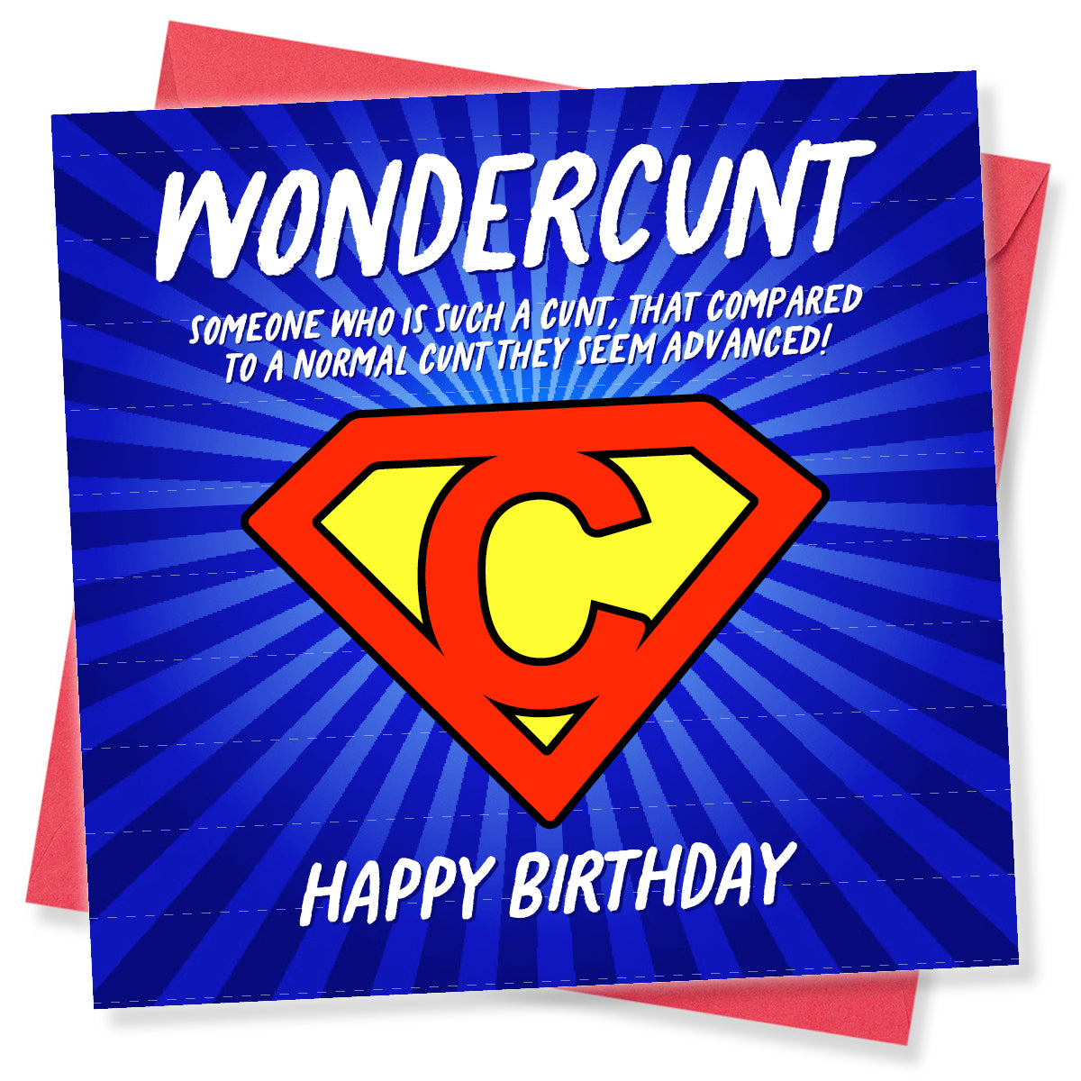 Birthday card with Superman logo and humorous text on a blue background