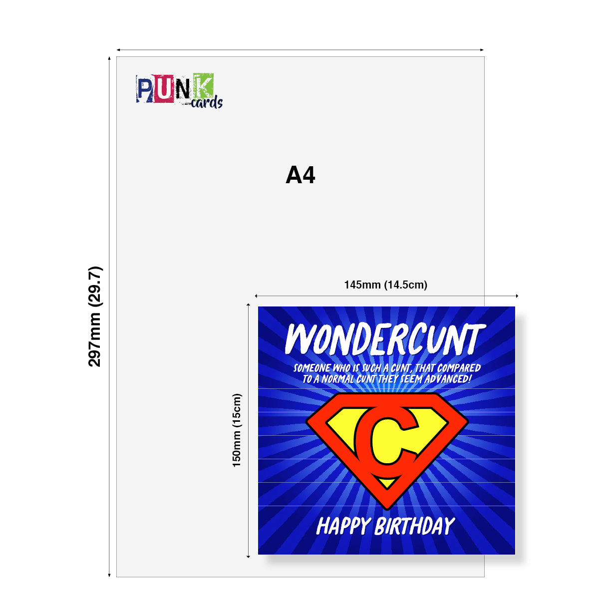 Superhero-themed birthday card with dimensions on a white background