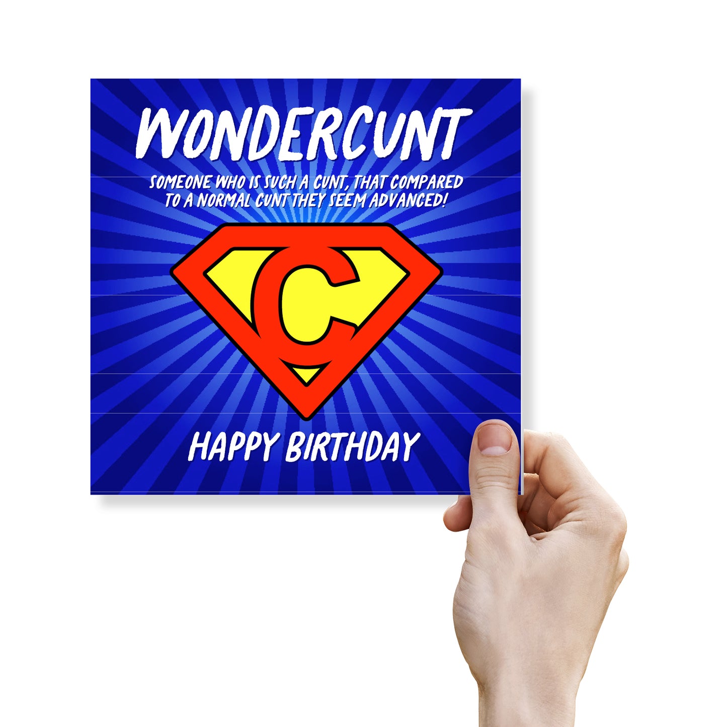 Hand holding a birthday card with Superman logo and humorous text on a blue background
