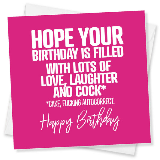 Pink birthday card with humorous text on a white background