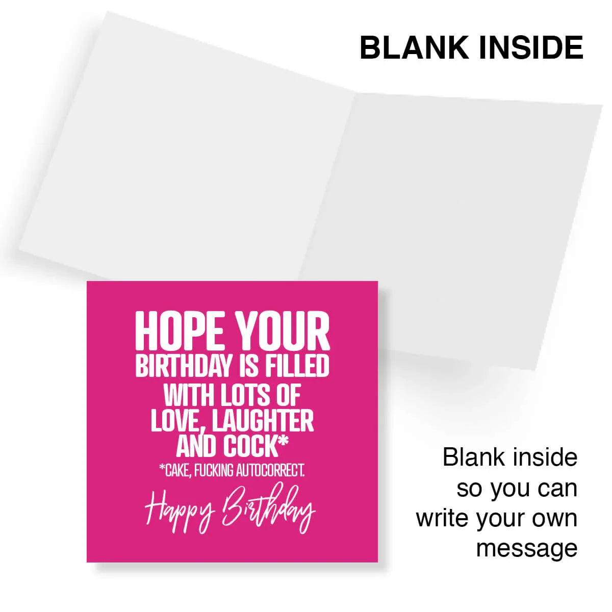 Card with pink interior and humorous birthday message on a white background