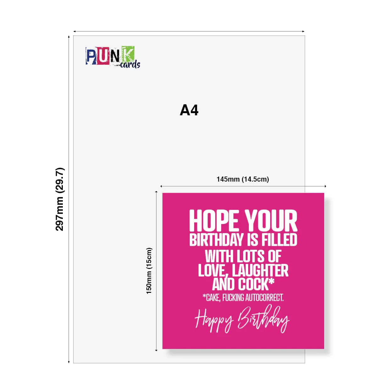 Greeting card with humorous birthday message on a pink background, displayed with A4 size dimensions.