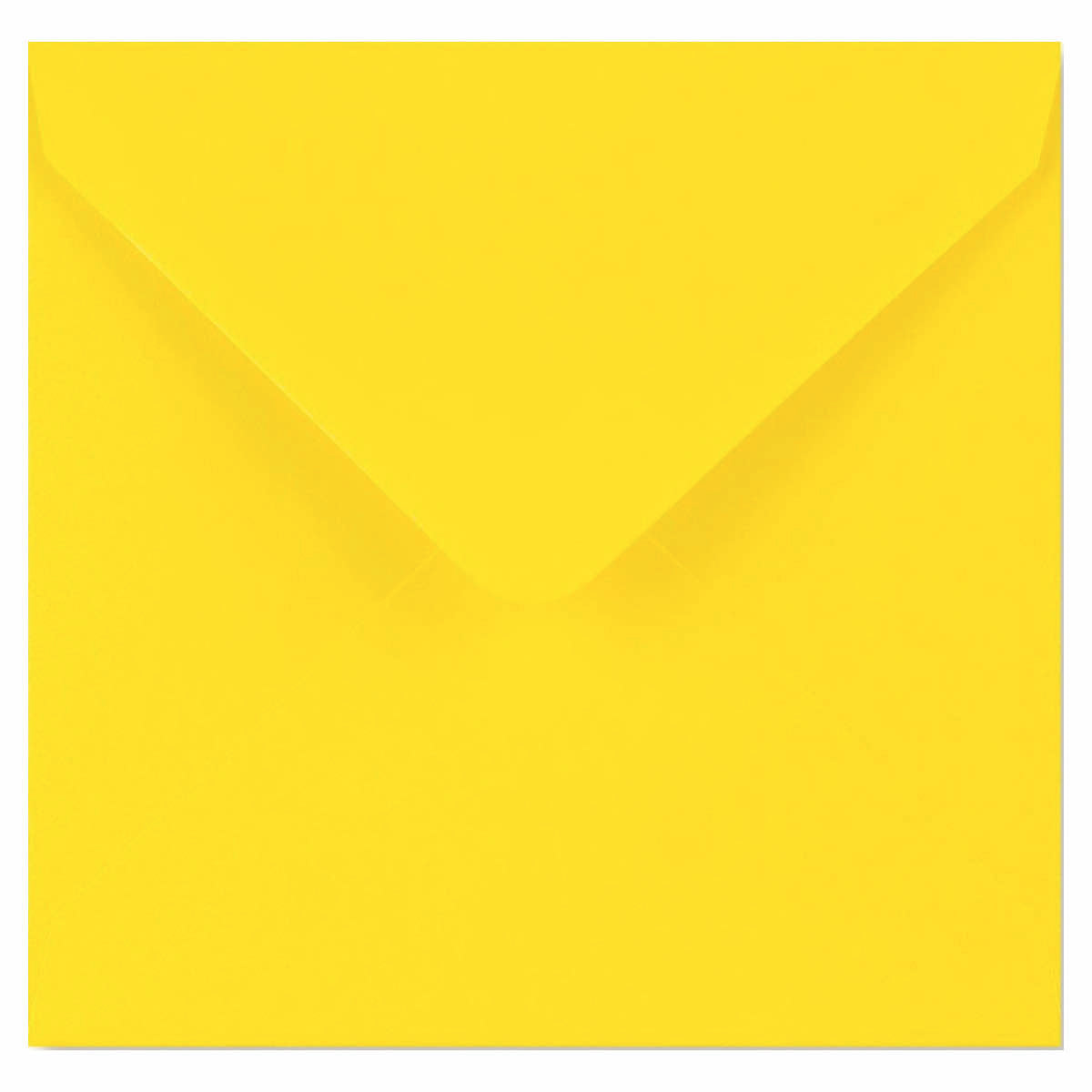 A bright yellow square envelope with a V-flap closure, shown against a plain white background.
