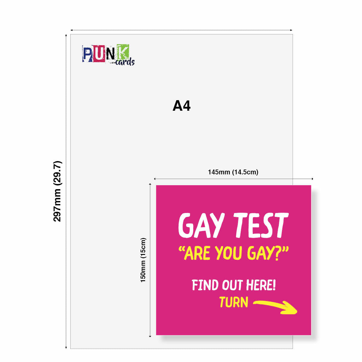 A4 paper card template with dimension markings, featuring a bright pink insert design that reads 'GAY TEST ARE YOU GAY? FIND OUT HERE! TURN' with a yellow arrow. The brand logo 'PUNK cards' appears in the top left of the card.