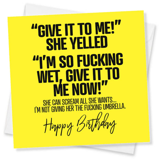 Birthday card with humorous text on a yellow background