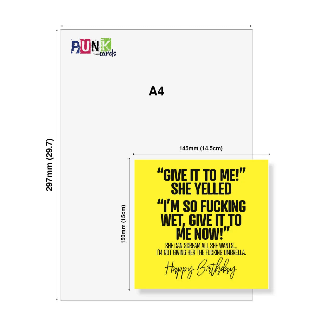 Greeting card with humorous text on a yellow background, displayed with A4 size dimensions.