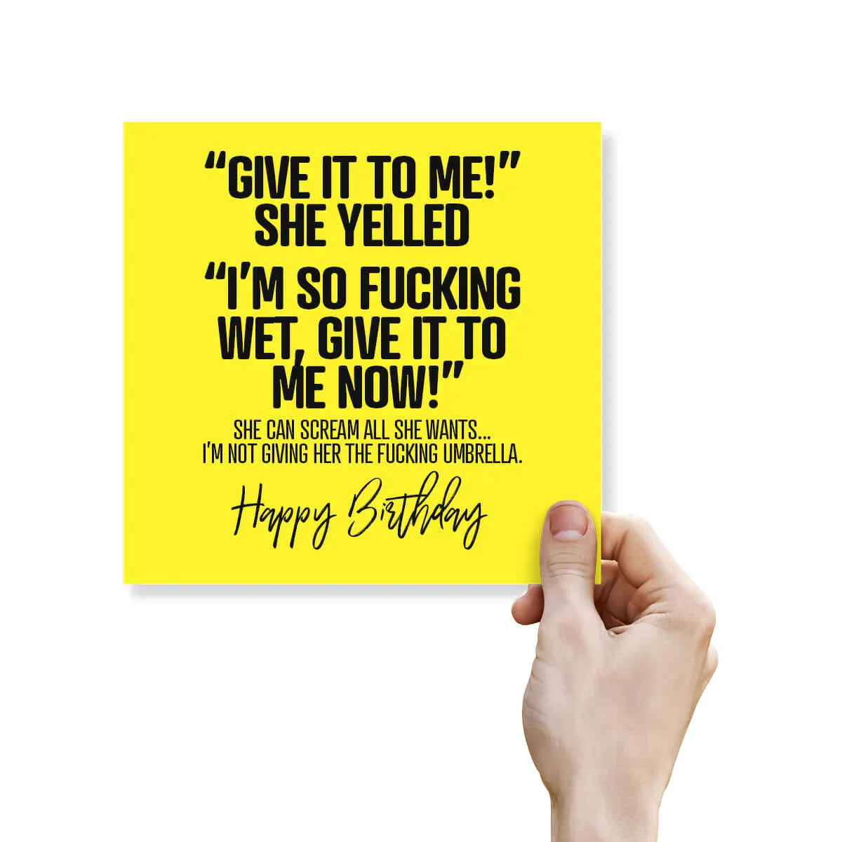 Hand holding a yellow card with black text on a white background
