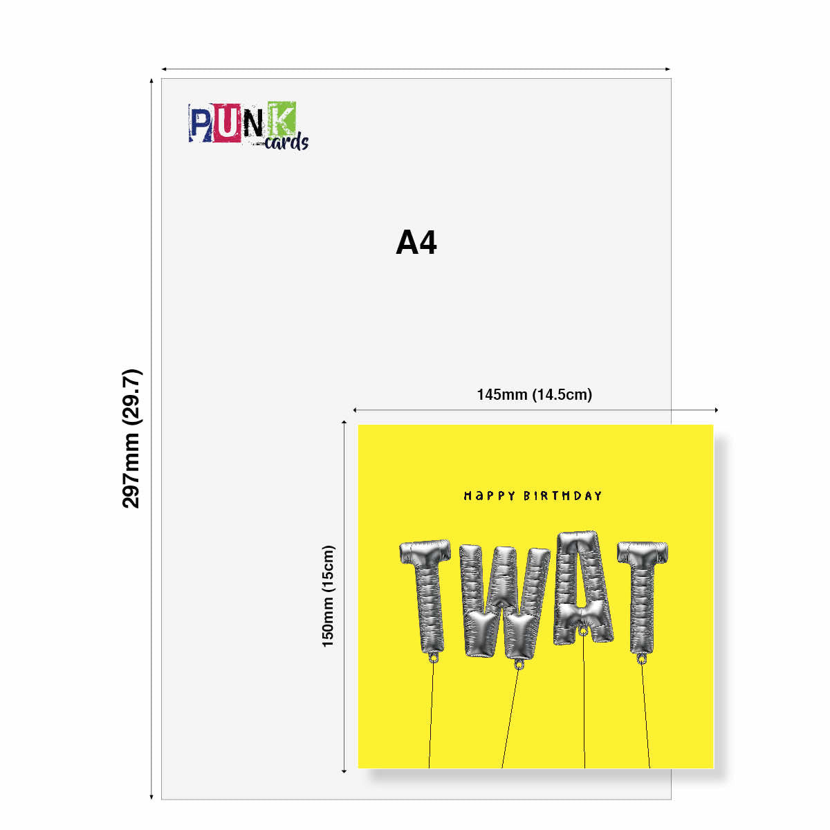 A4 size greeting card shown with dimension annotations. The card has a bright yellow background with metallic silver foil letters spelling 'TWAT' and 'HAPPY BIRTHDAY' text above.