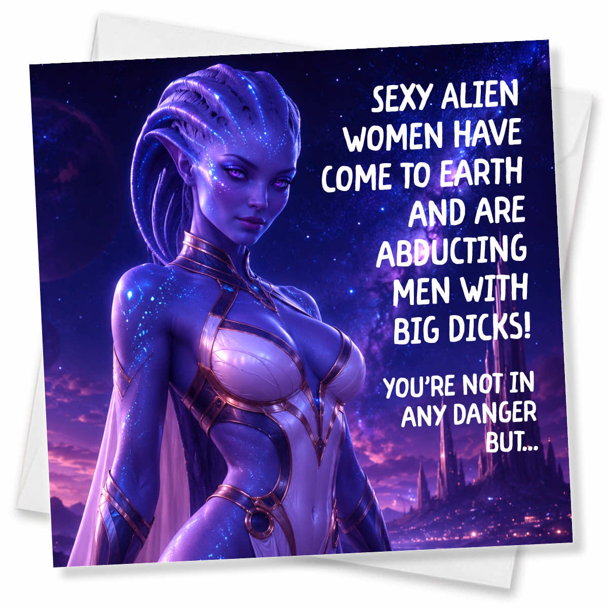 A square printed card or poster featuring a stylized alien woman in a purple and blue futuristic setting, with large white text on the right side. The card is shown at an angle over a white envelope or backing on a plain white background.