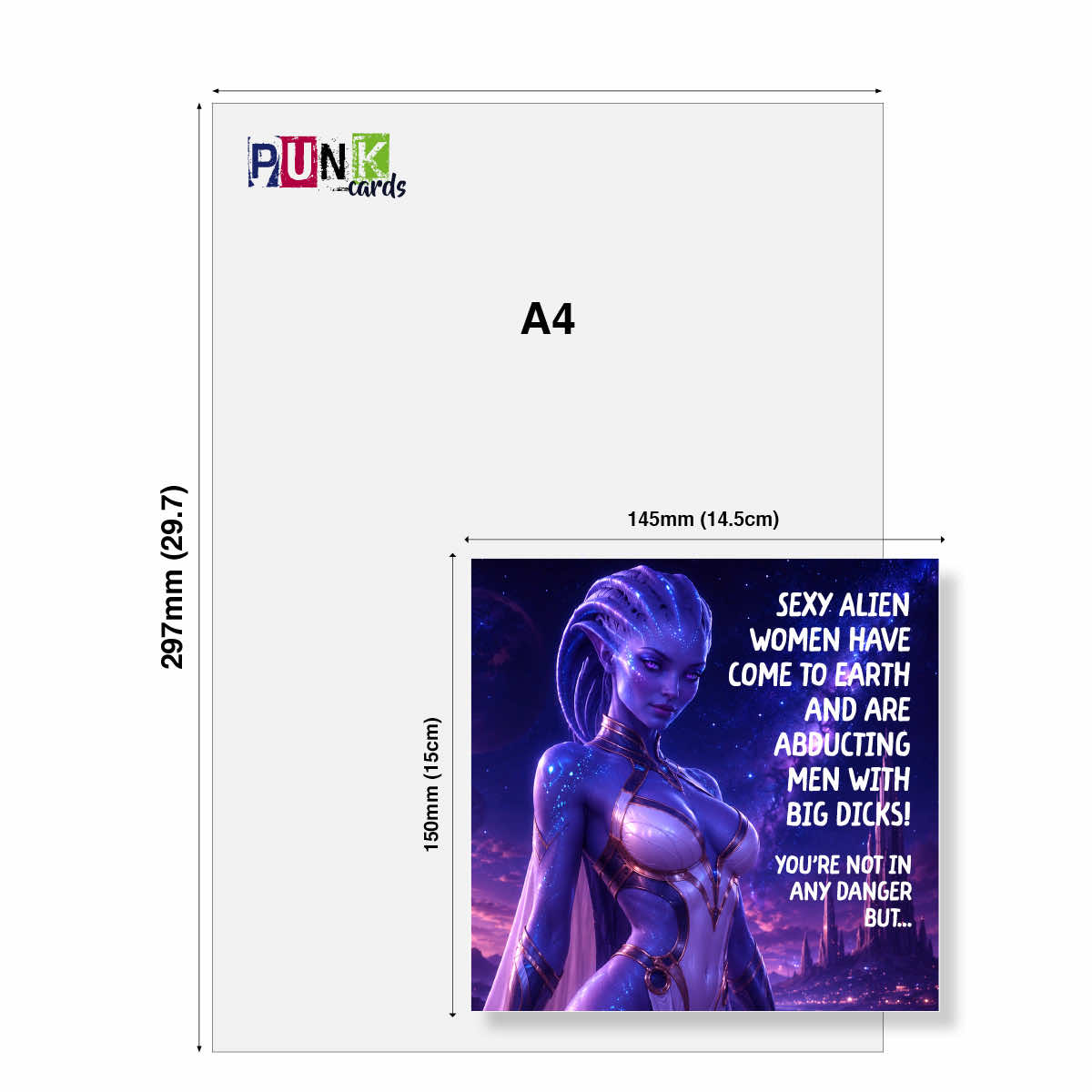 A4 size card mockup with dimension lines showing 297mm by 145mm, featuring a printed design of a purple alien with bold white text on a dark cosmic background. The 'PUNK cards' logo appears in the top left.