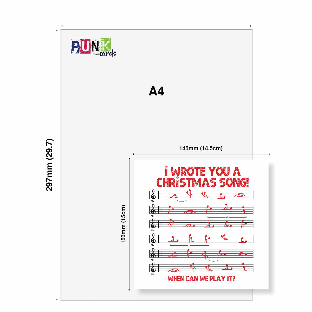A4 size music card template with dimensions labeled 297mm by 145mm, showing a white card with red text reading 'I WROTE YOU A CHRISTMAS SONG! WHEN CAN WE PLAY IT?' and musical notation. The PUNK cards logo appears in the top left.