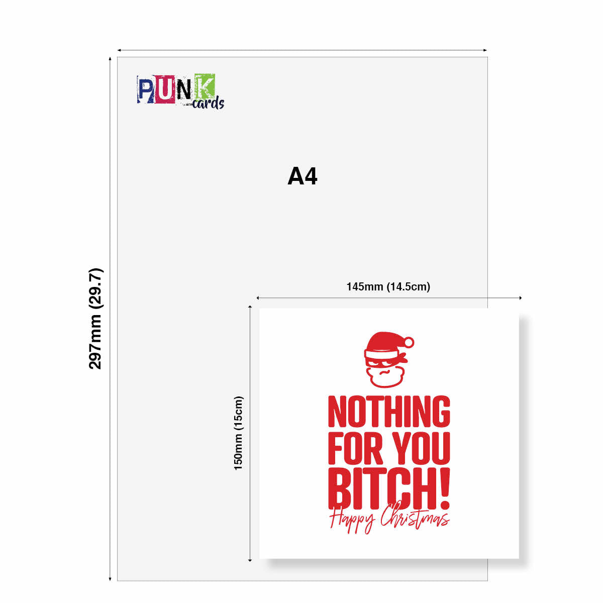 A4 card size diagram showing a white card with red text reading 'NOTHING FOR YOU BITCH! Happy Christmas' and a small Santa face graphic, plus dimension labels and the PUNK cards logo.