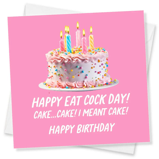 Birthday card with a pink cake illustration and humorous text on a pink background