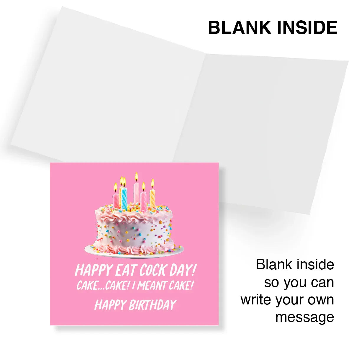 Birthday card with a pink cake illustration and humorous text, featuring a white envelope.