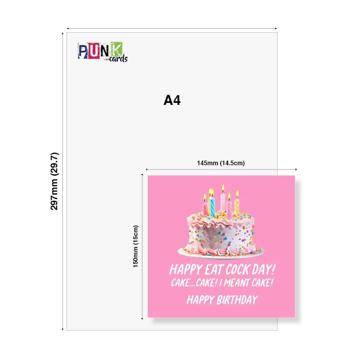 Birthday card with cake illustration and humorous text, displayed with dimensions on a white background.