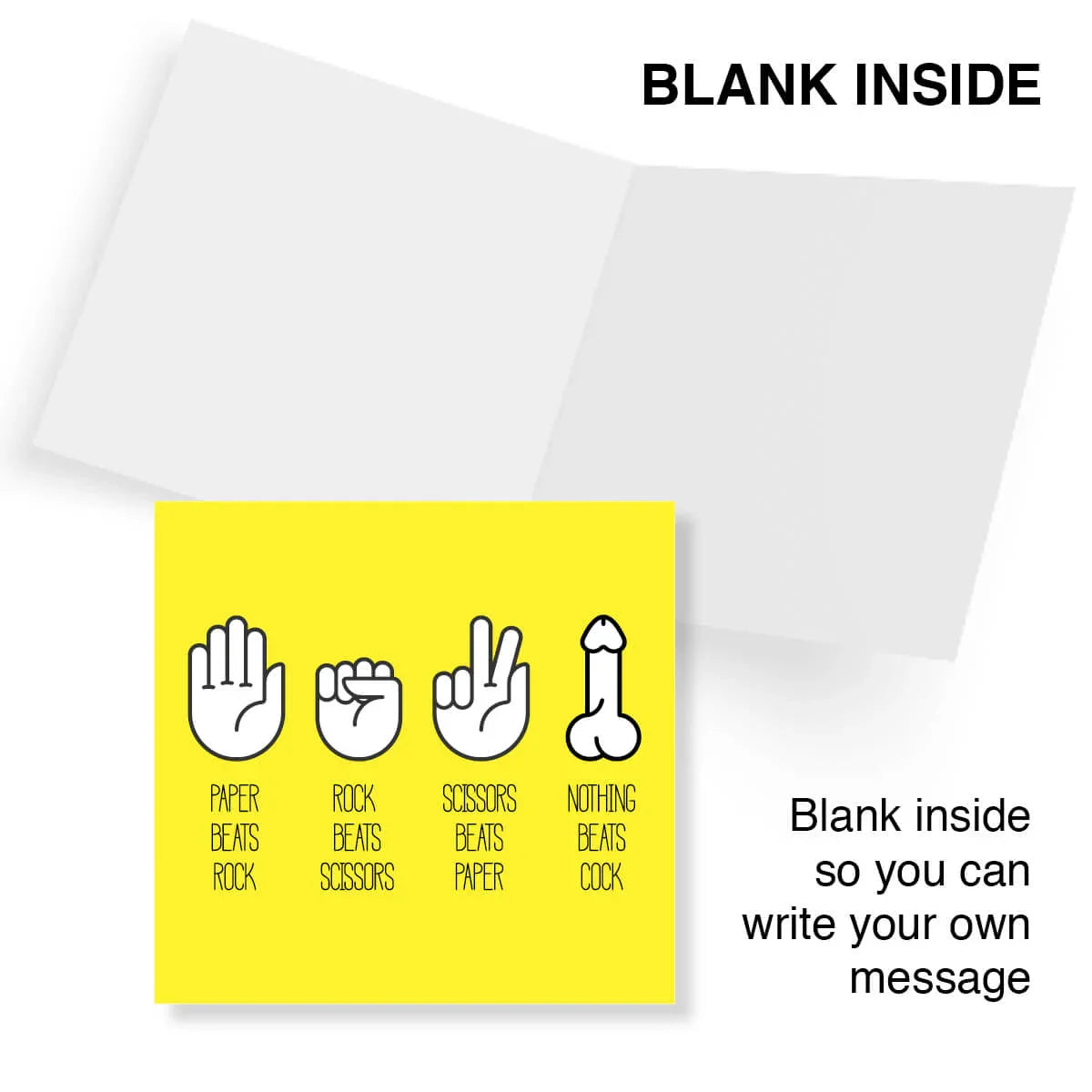Greeting card with hand gestures and text on a yellow background, with a white envelope.
