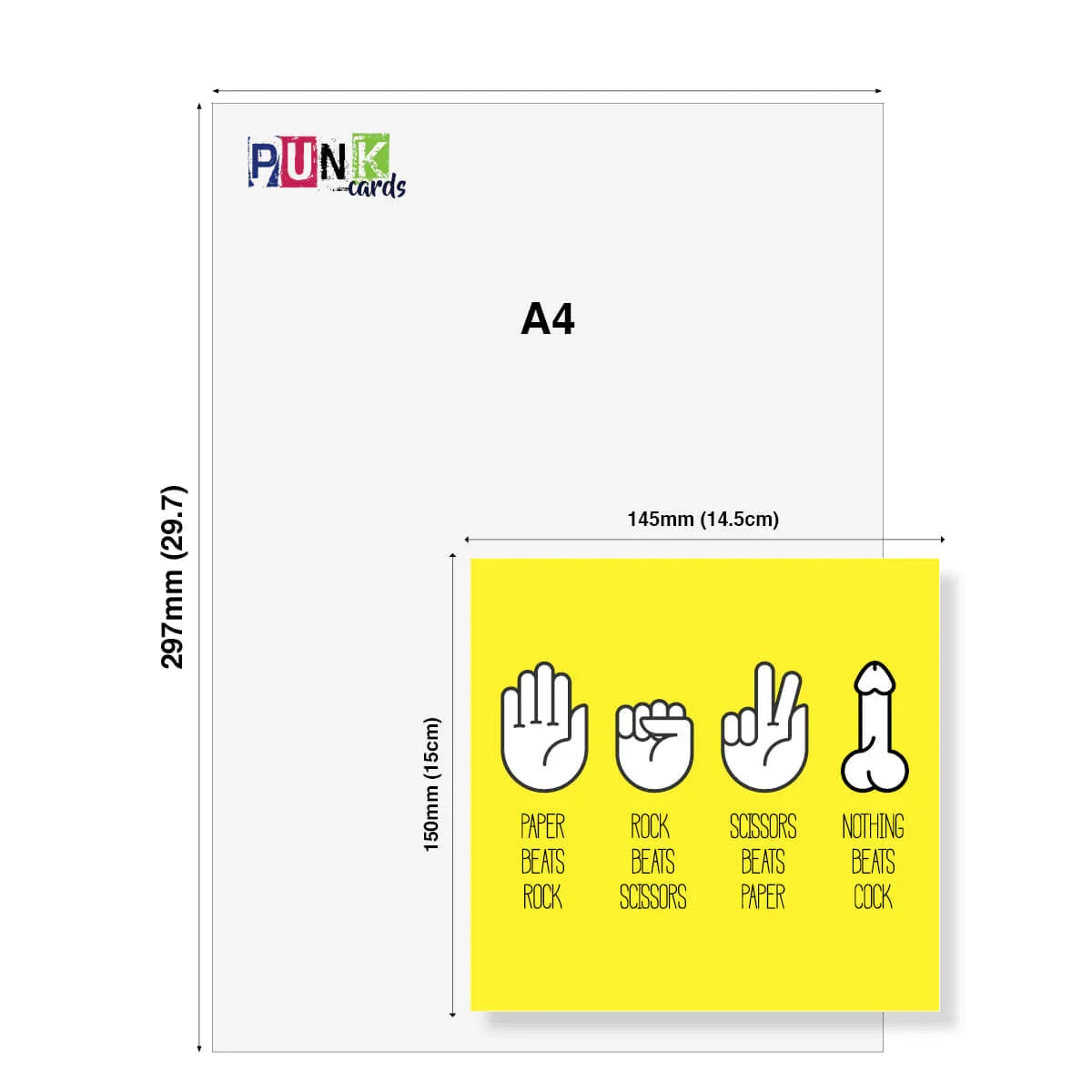 A4 size paper with a yellow card featuring hand gestures and text, branded 'Punk Cards'.