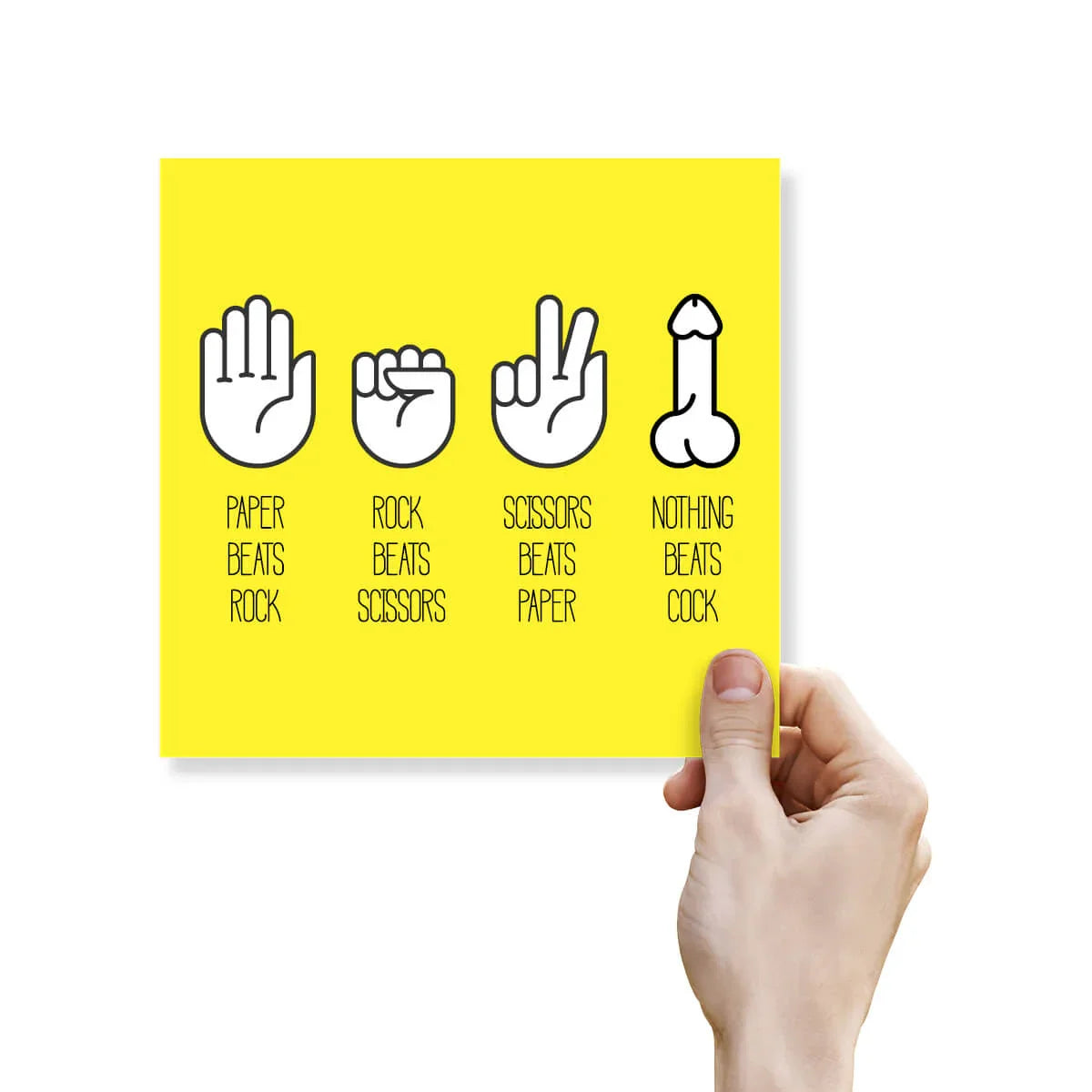 Hand holding a yellow card with hand gestures and text on a white background
