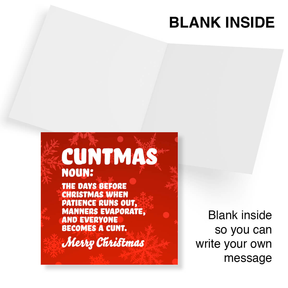 A red Christmas greeting card shown open on a white background, with text reading 'BLANK INSIDE' and 'Blank inside so you can write your own message.' The front of the card has a red holiday pattern and the word 'CUNTMAS' in large white letters with a definition below.