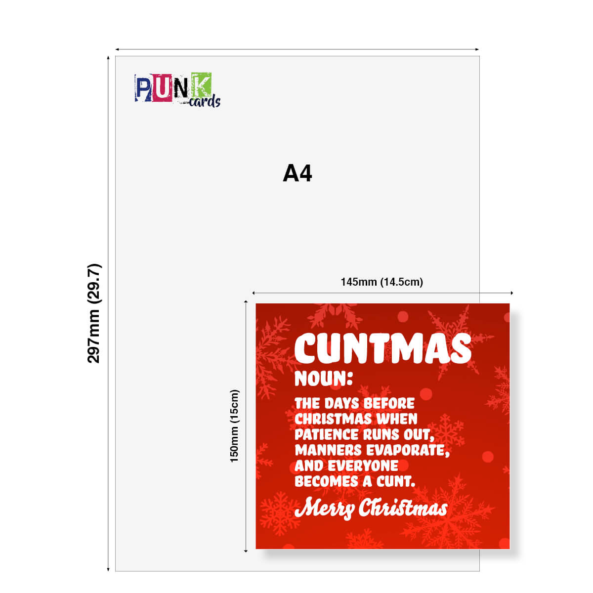 A product size diagram showing an A4 card template with a red Christmas-themed cuntmas card design overlaid in the bottom right. The diagram includes dimension labels for the 297mm by 145mm card and the 190mm by 110mm cuntmas insert, with the brand name PUNK cards visible in the top left.